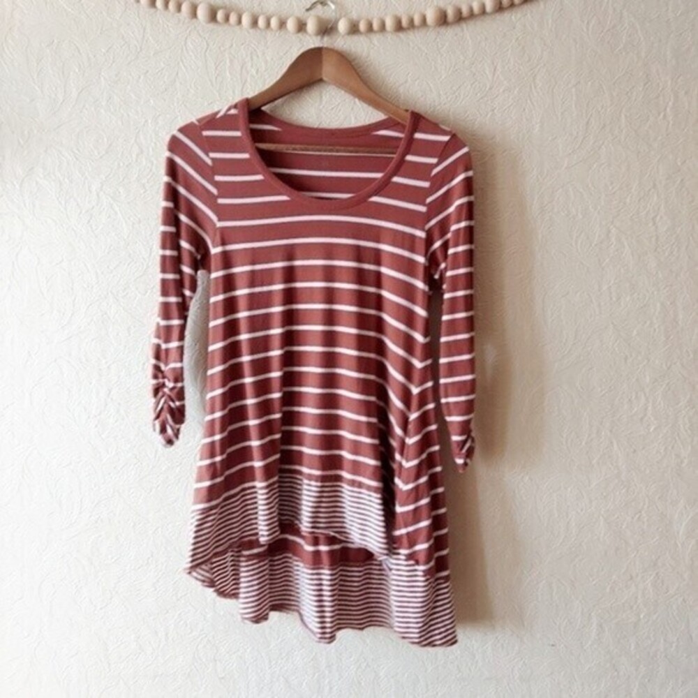 LOGO by Lori Goldstein tunic rust colored stripe 3/4 sleeve Sz XS